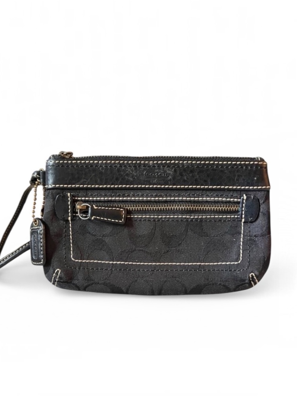 Coach Signature Monogram Canvas Black Zip Pocket Wristlet Pouch Bag